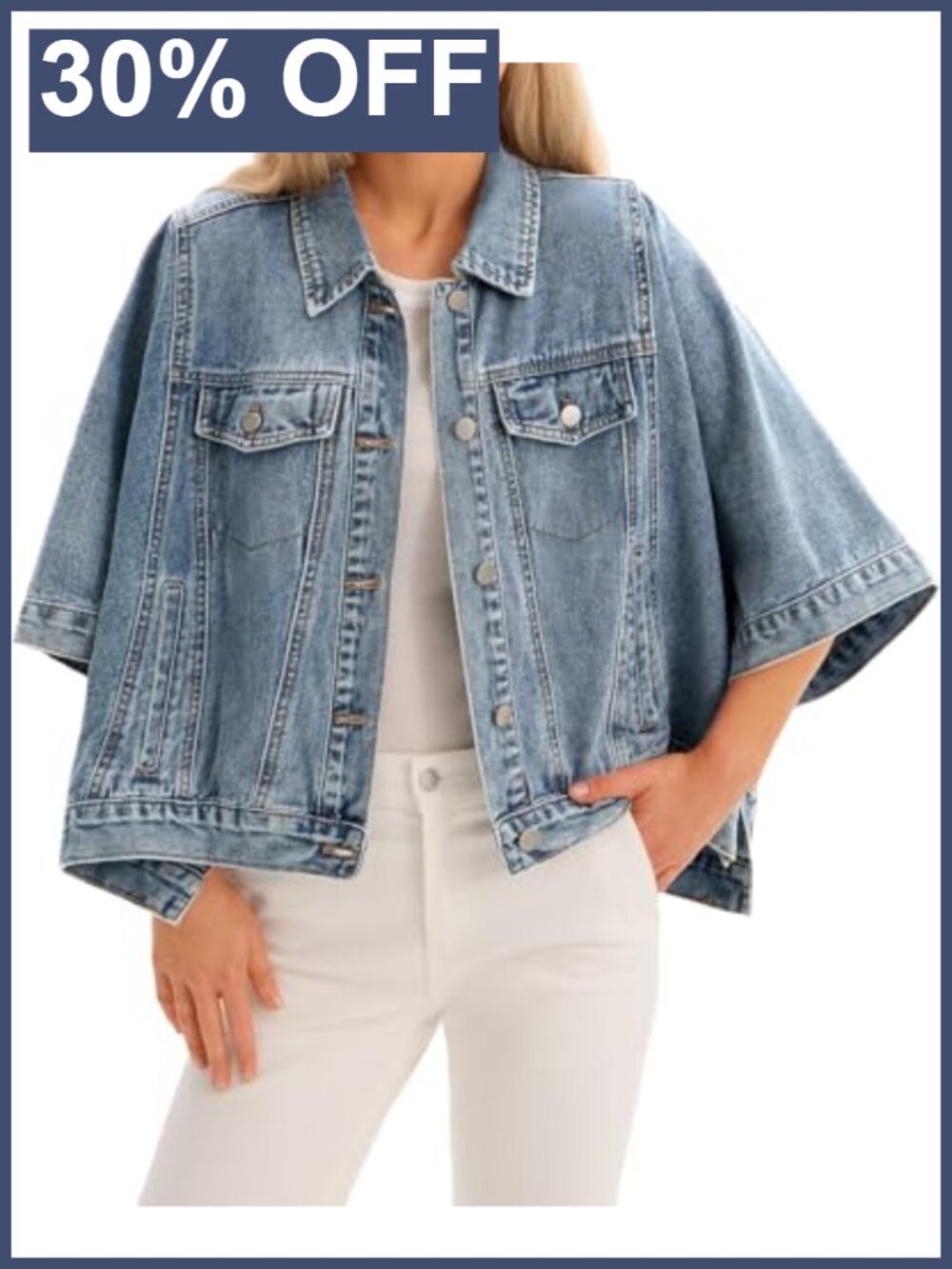 Oversized Cropped Denim Cape Jacket Half Sleeve Button Down Cotton Jean Coat